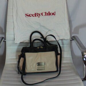 See by Chloe tote shoulder black beige  Leather adjust strap stylish purse